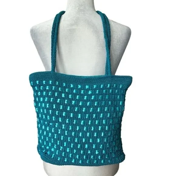 Handbag Shoulder Bag Turquoise Blue Braided Ribbon Weave - Picture 10 of 10